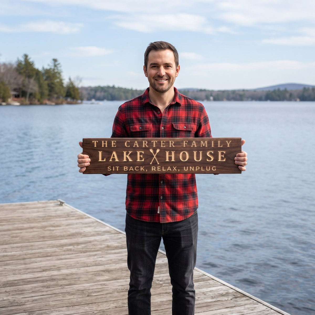A smiling man in a flannel shirt standing on a wooden dock with a calm lake behind him holds a personalized wood sign that reads The Carter Family Lake House