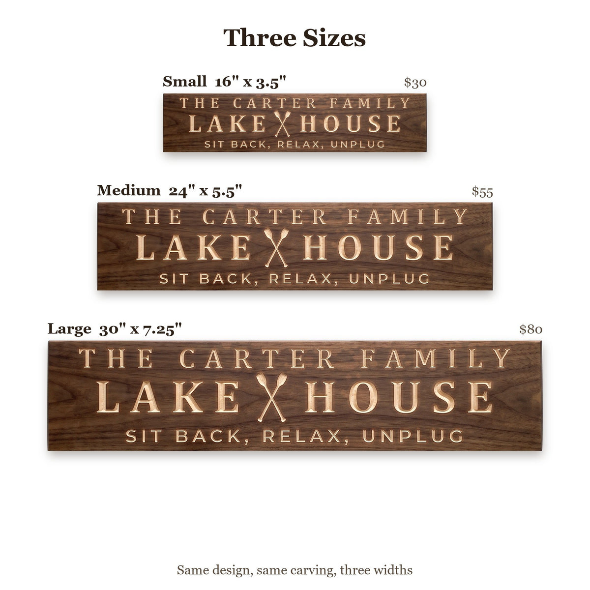 The Carter Family Lake House sign size guide: Small 16 x 3.5 inches, Medium 24 x 5.5 inches, Large 30 x 7.25 inches