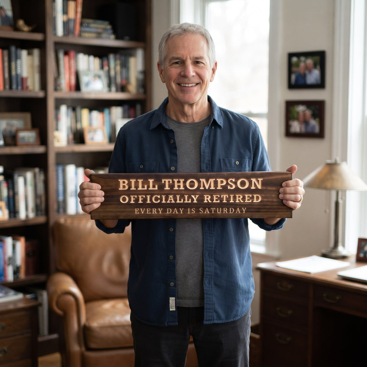 A smiling gray-haired man in a casual shirt standing in his comfortable den holds a personalized wood sign that reads Bill Thompson