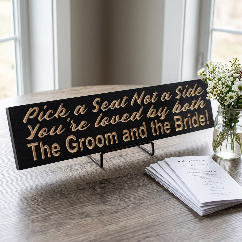 A black Pick a Seat Not a Side Sign with carved light letters on a stand, next to wedding programs and flowers, from Bluegrass Gifts