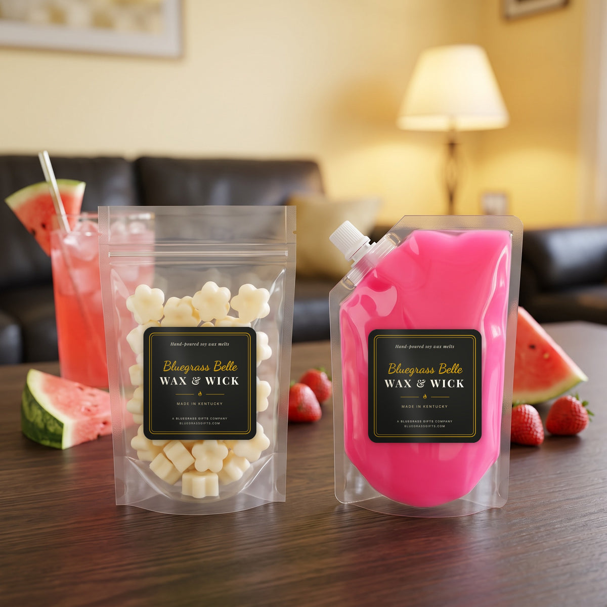 Porch Swing Summer squeeze wax melt pouch and wax melt tarts by Bluegrass Belle Wax & Wick
