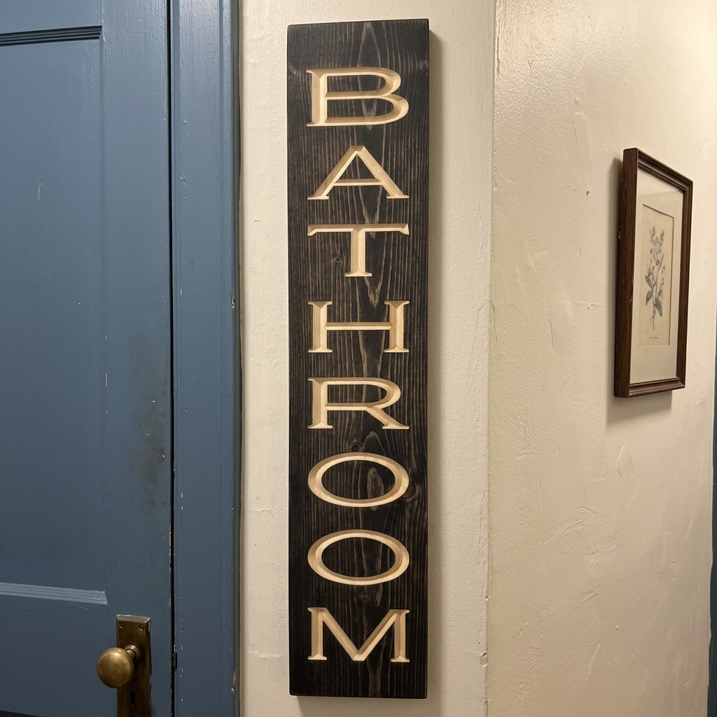 Powder Room Sign — Rustic Carved Wood Bathroom Label