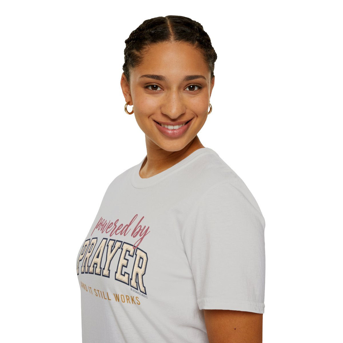 Prayer Shirt — "Powered by Prayer" Varsity Patch Tee in Ice Grey