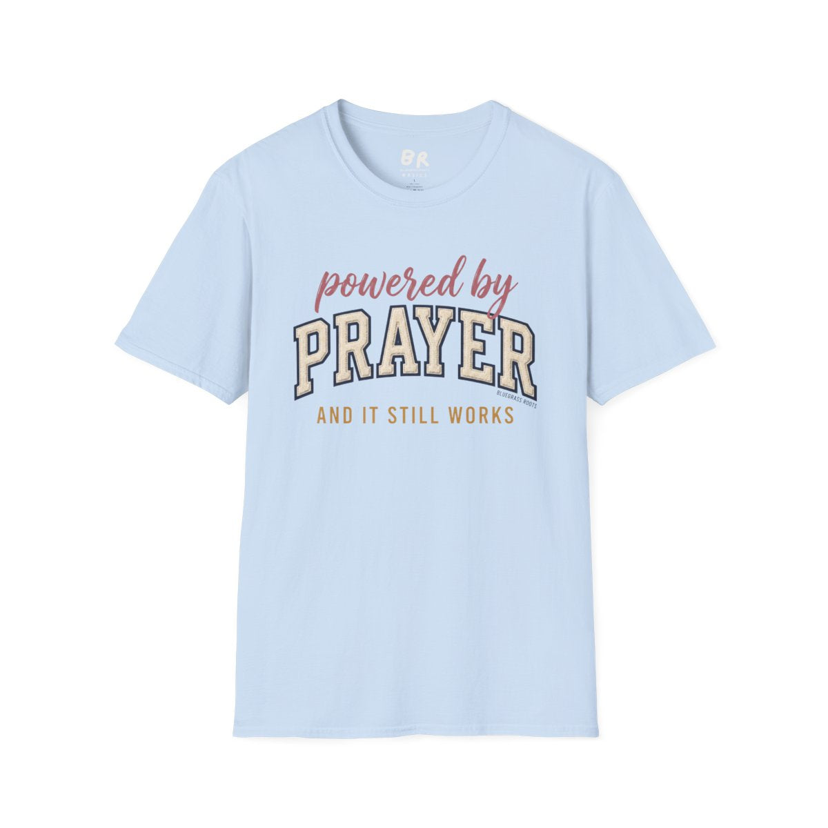 Prayer Shirt — "Powered by Prayer" Varsity Patch Tee in Light Blue