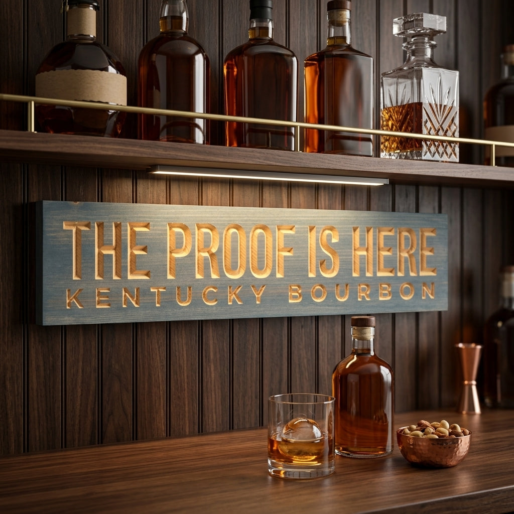 Bourbon Sign — The Proof Is Here | Kentucky Carved Wood — displayed in home bar — Bluegrass Gifts