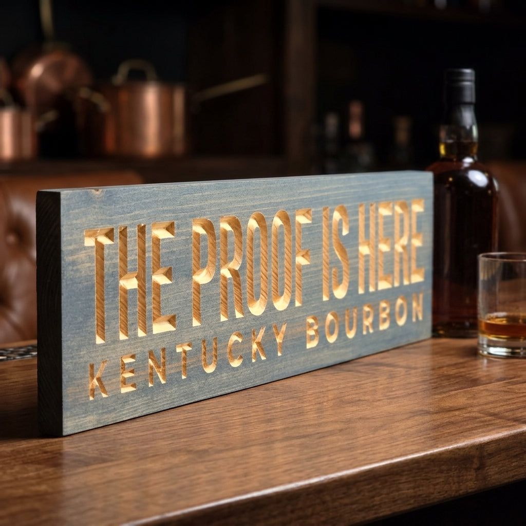 Bourbon Sign — The Proof Is Here | Kentucky Carved Wood — carved wood sign — Bluegrass Gifts