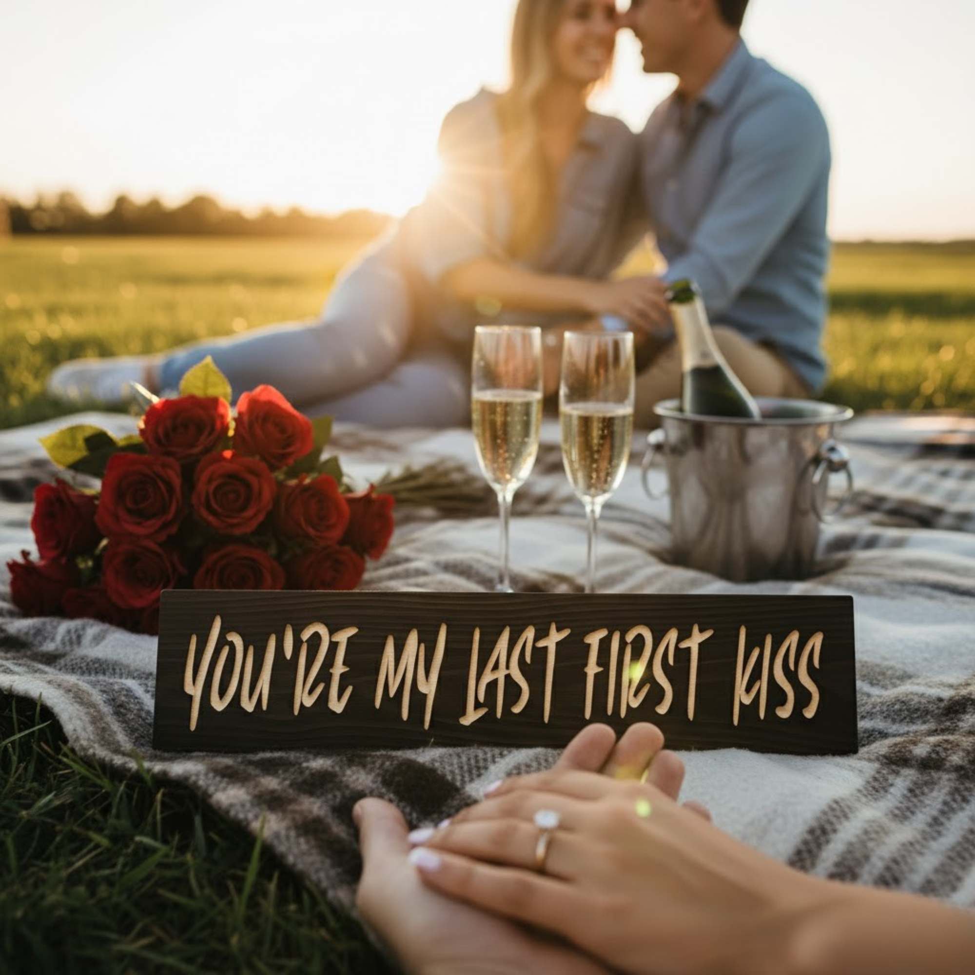 Picnic proposal scene with the “You’re My Last First Kiss” wooden sign—perfect anniversary or wedding gift.