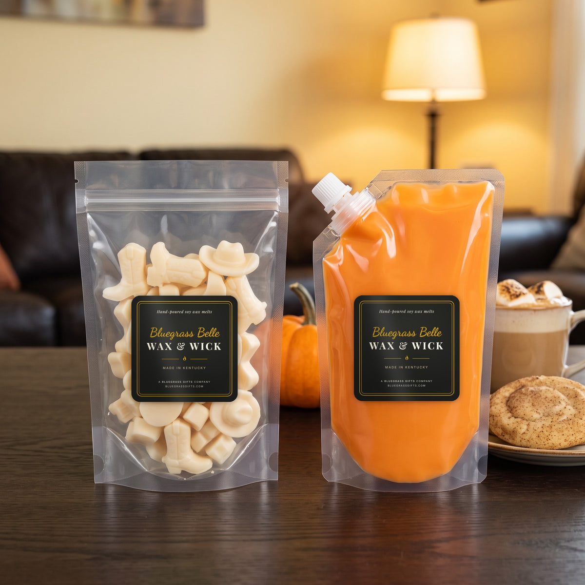 Pumpkin Patch Date squeeze wax melt pouch and wax melt tarts by Bluegrass Belle Wax & Wick