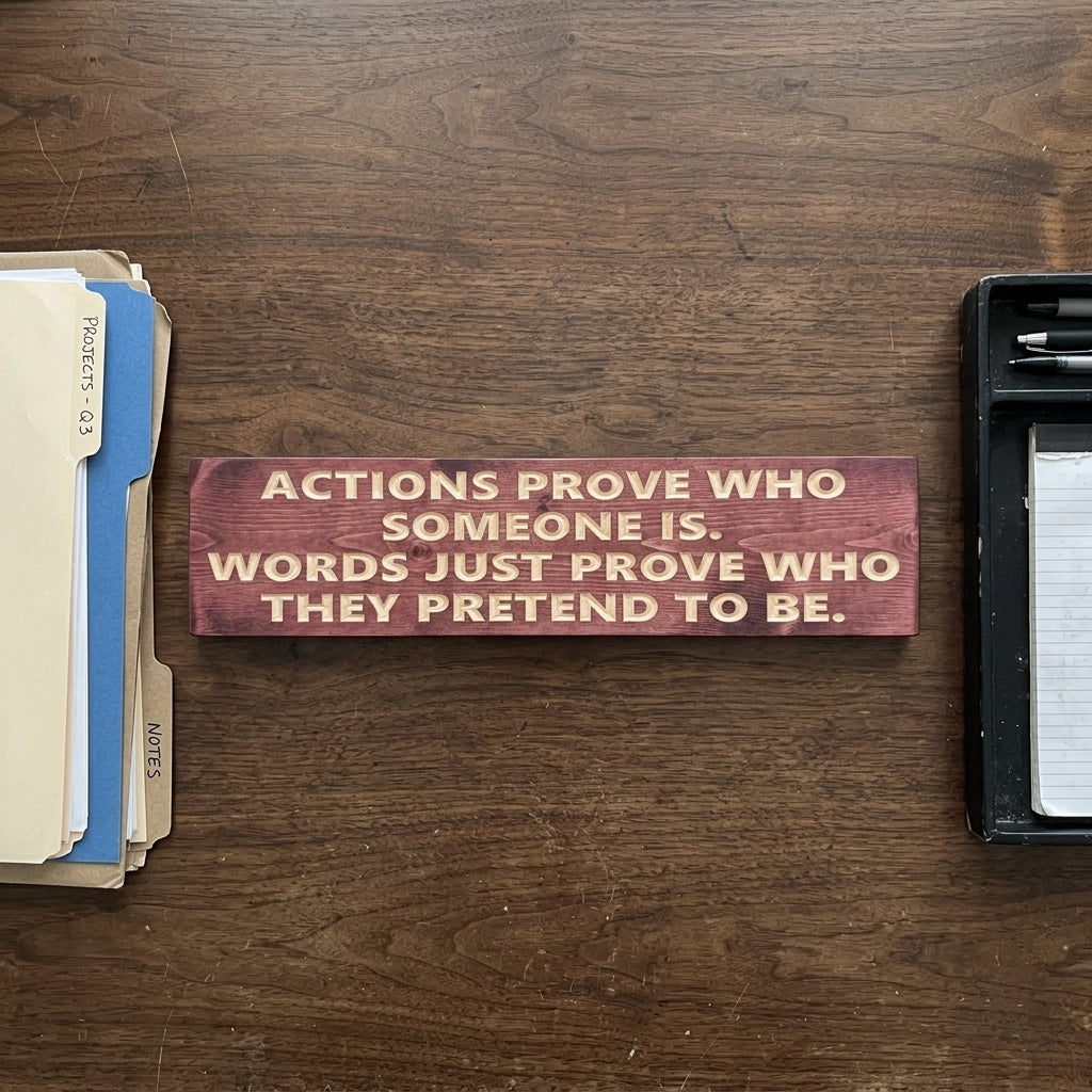 Quote Plaque — Actions Prove Who Someone Is | Carved Wood