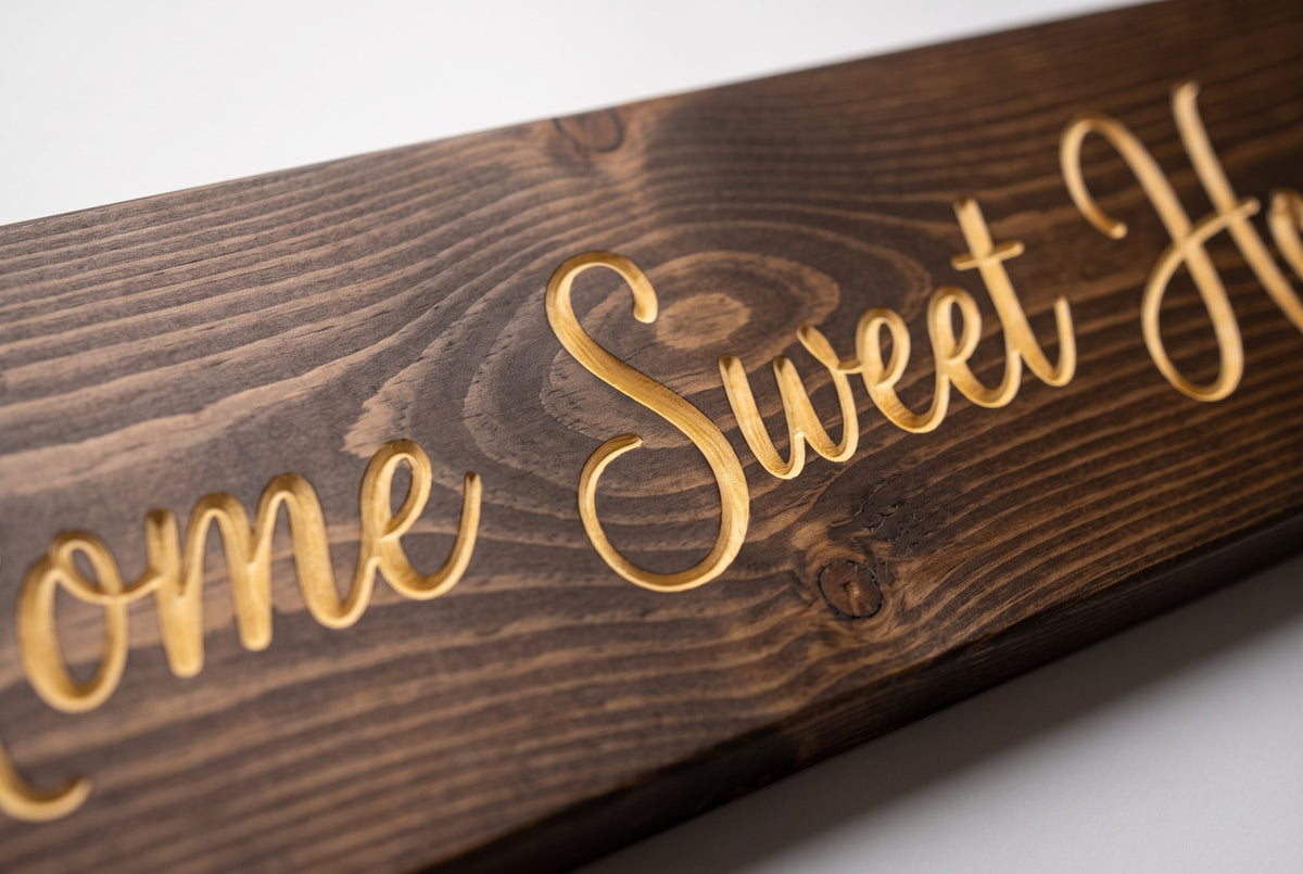 Home Sweet Home carved lettering close-up