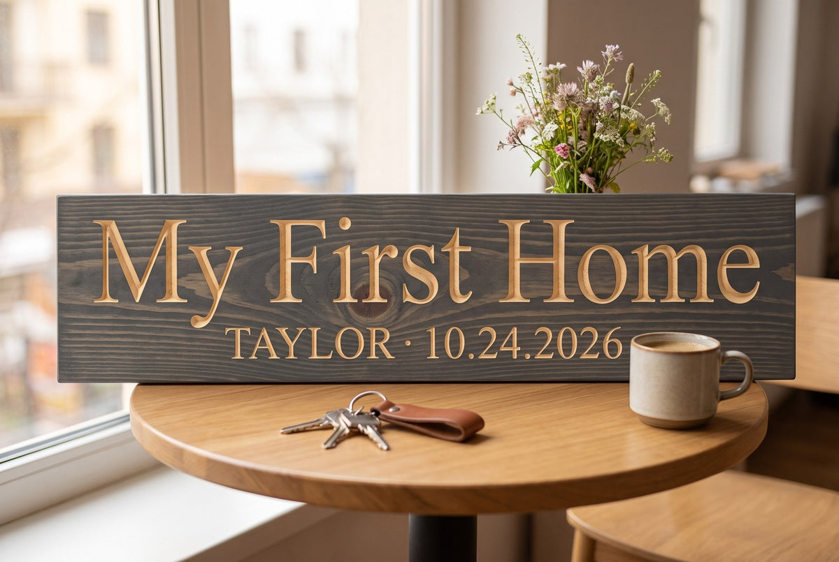 Personalized My First Home sign as a closing gift
