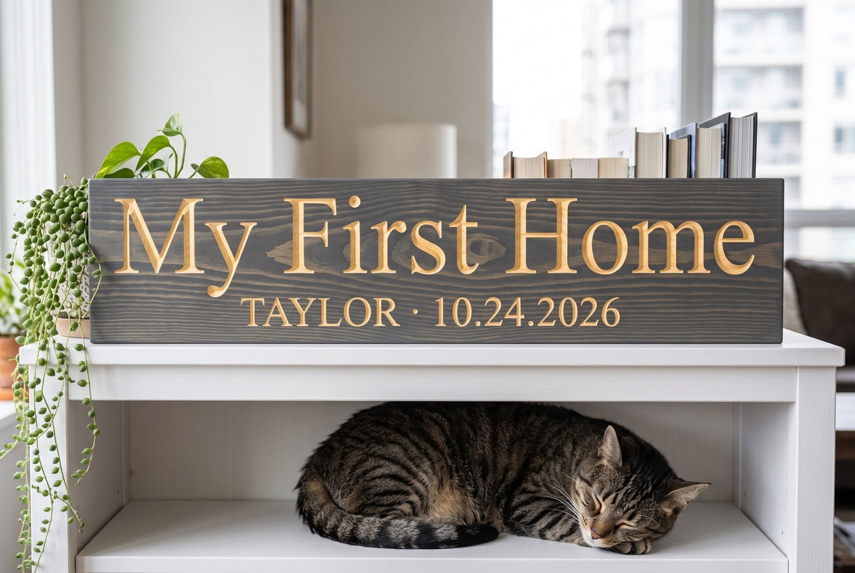 Personalized My First Home sign hanging in a home