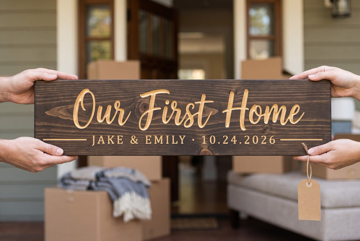 Personalized Our First Home sign as a closing gift