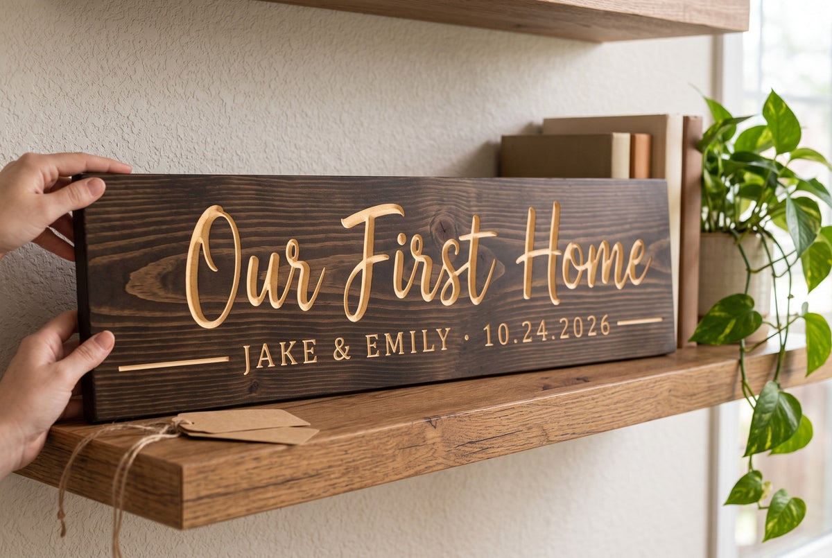 Personalized Our First Home sign hanging in a home