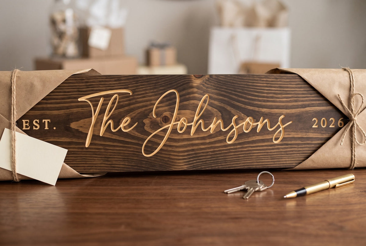 Personalized family name sign as a closing gift