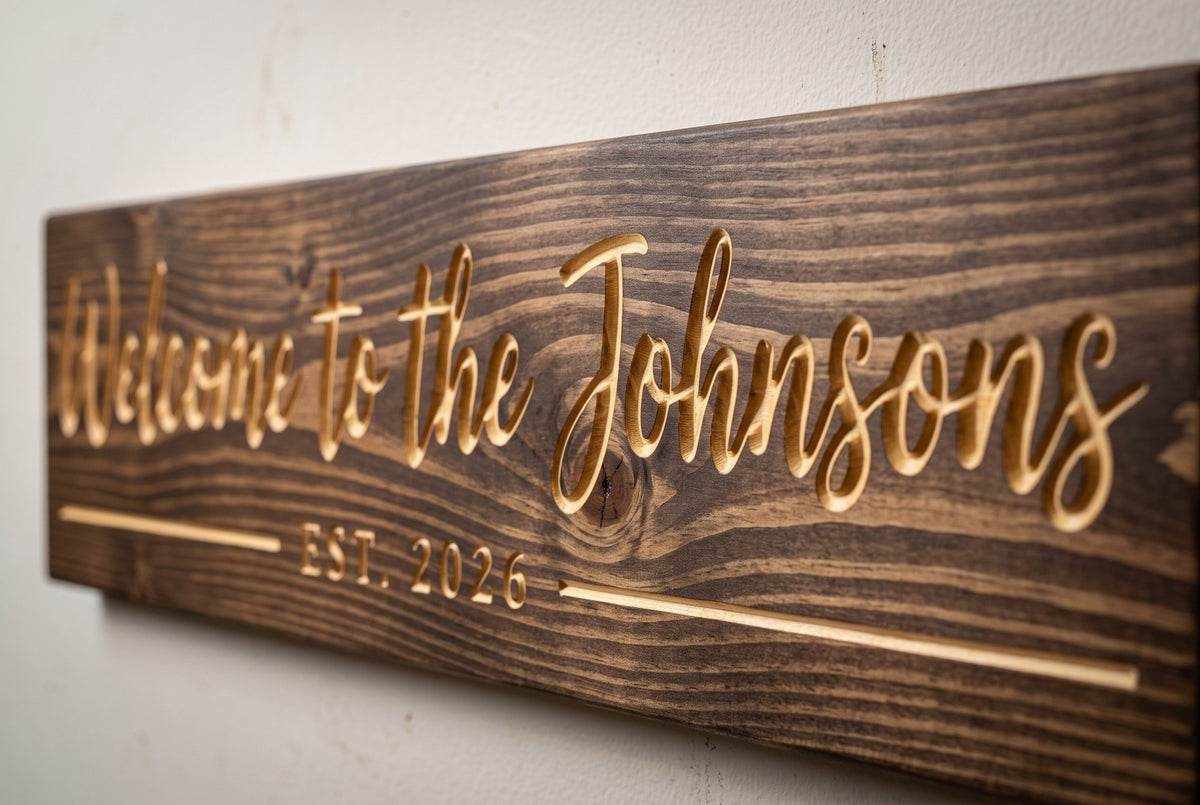 Personalized Welcome family name sign carved lettering close-up