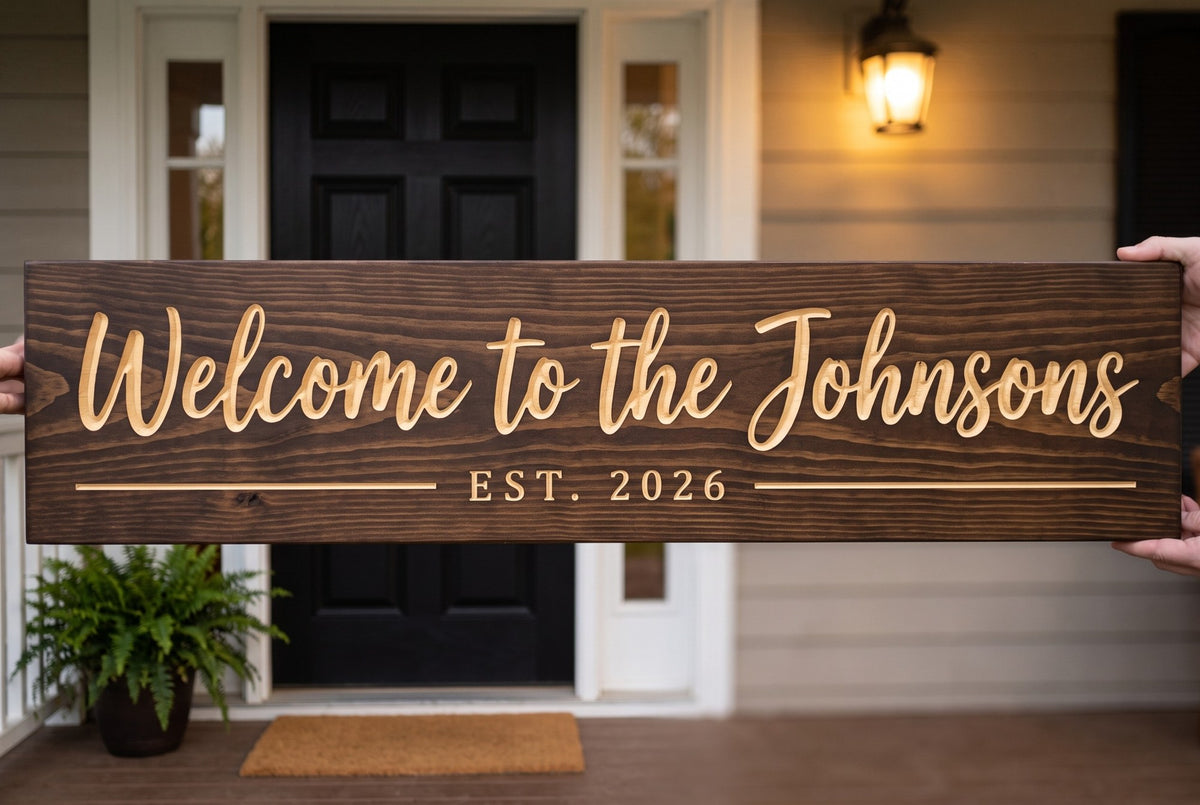 Personalized Welcome family name sign hanging in a home