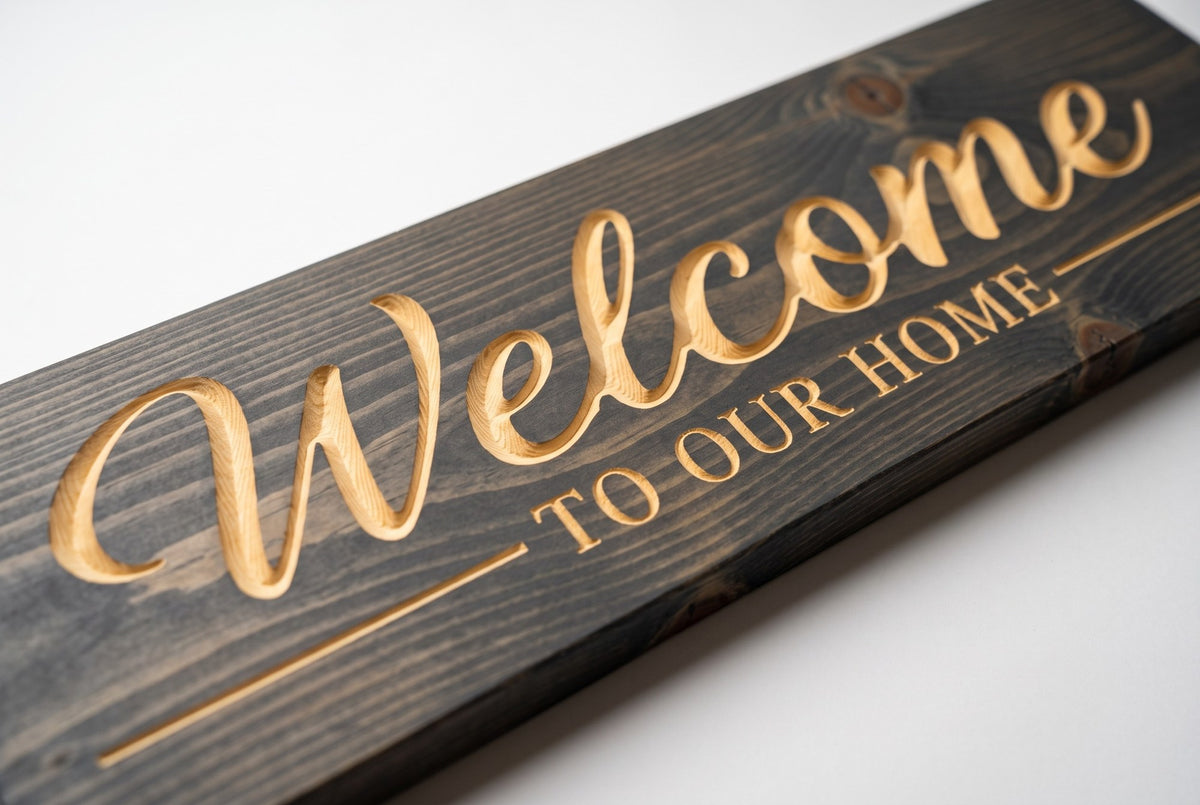 Welcome to Our Home carved lettering close-up
