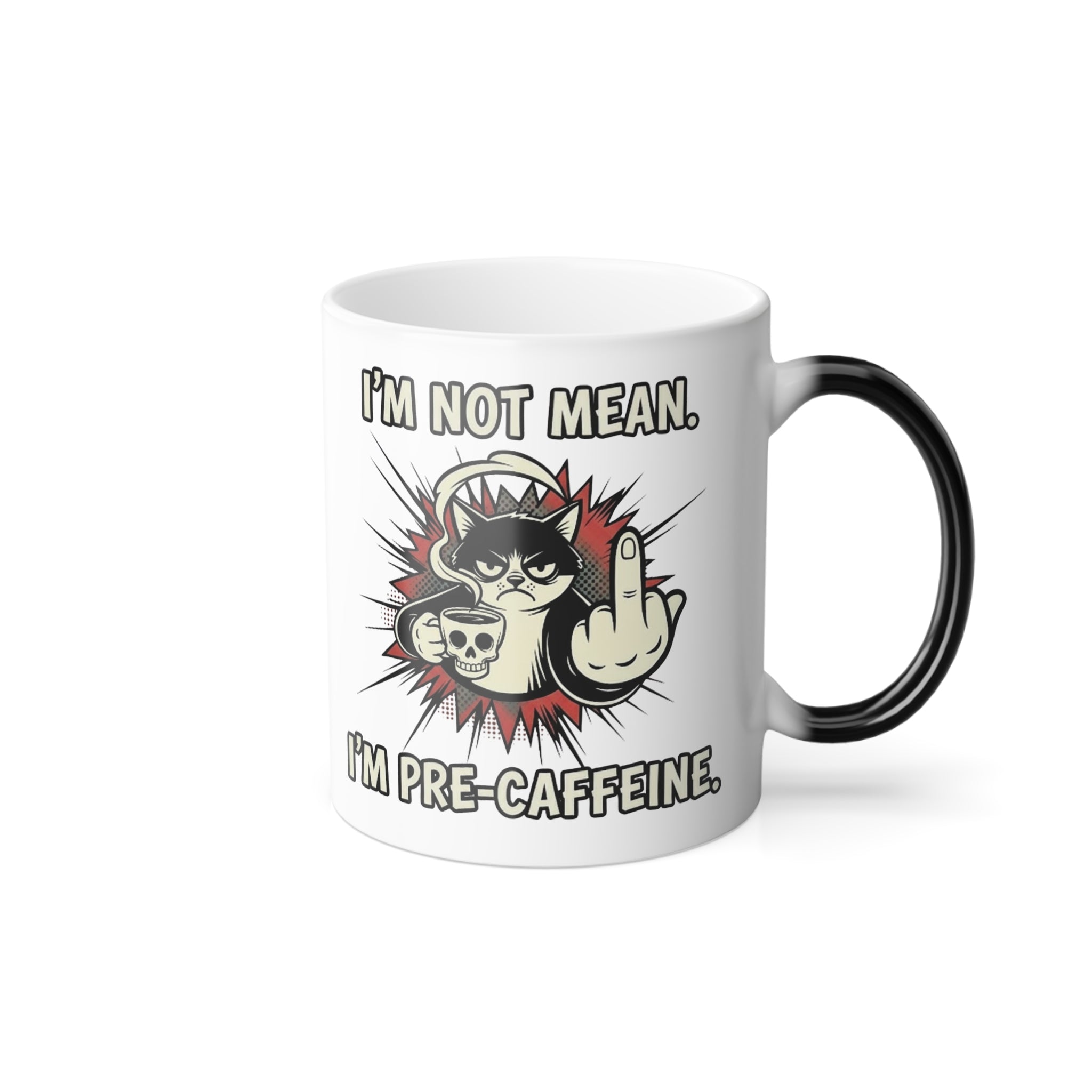 Right side view of the magic mug, fully revealing the high-contrast grumpy cat graphic and slogan.
