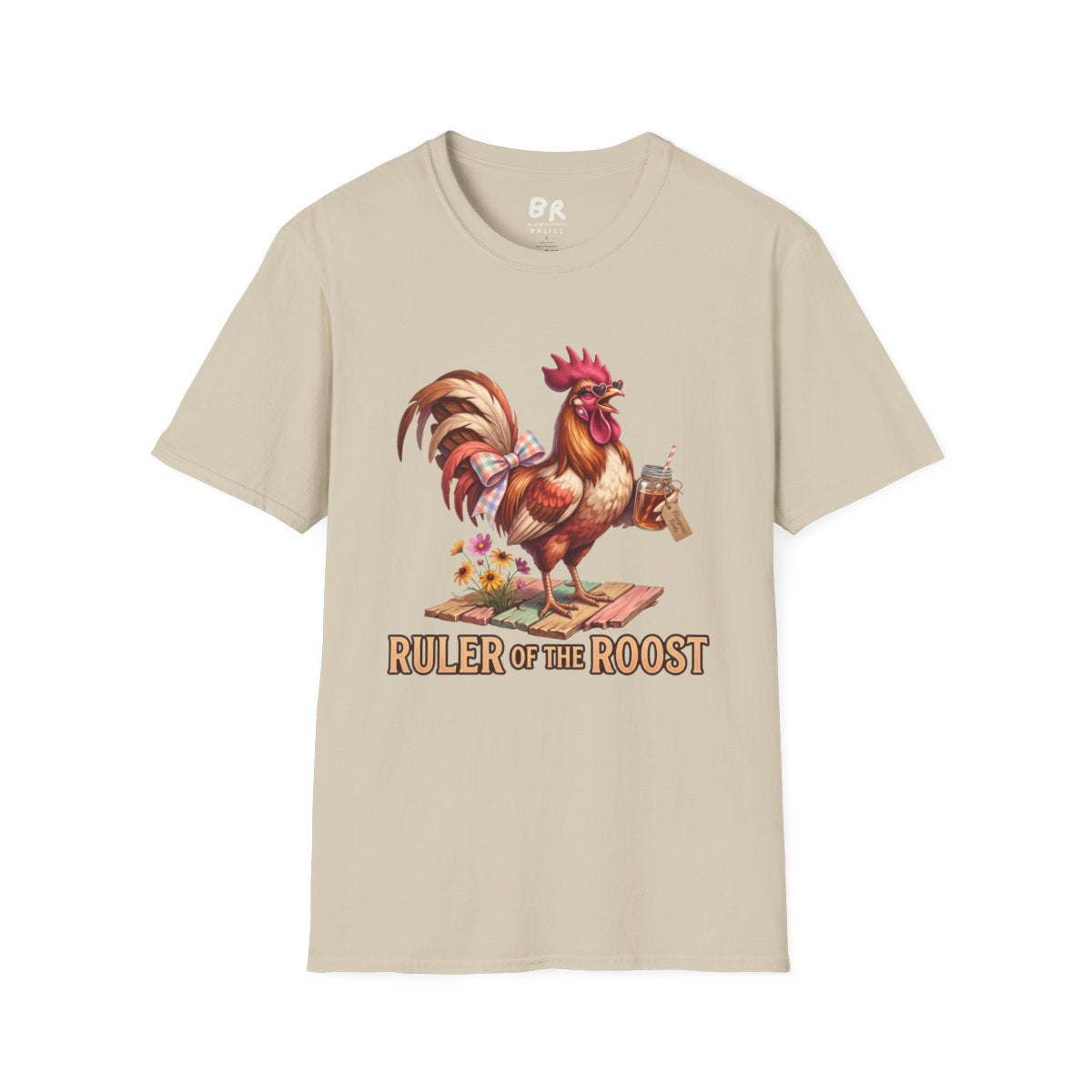 A beige Rooster Shirt - Ruler of the Roost laid flat on a white surface, showing the front design clearly