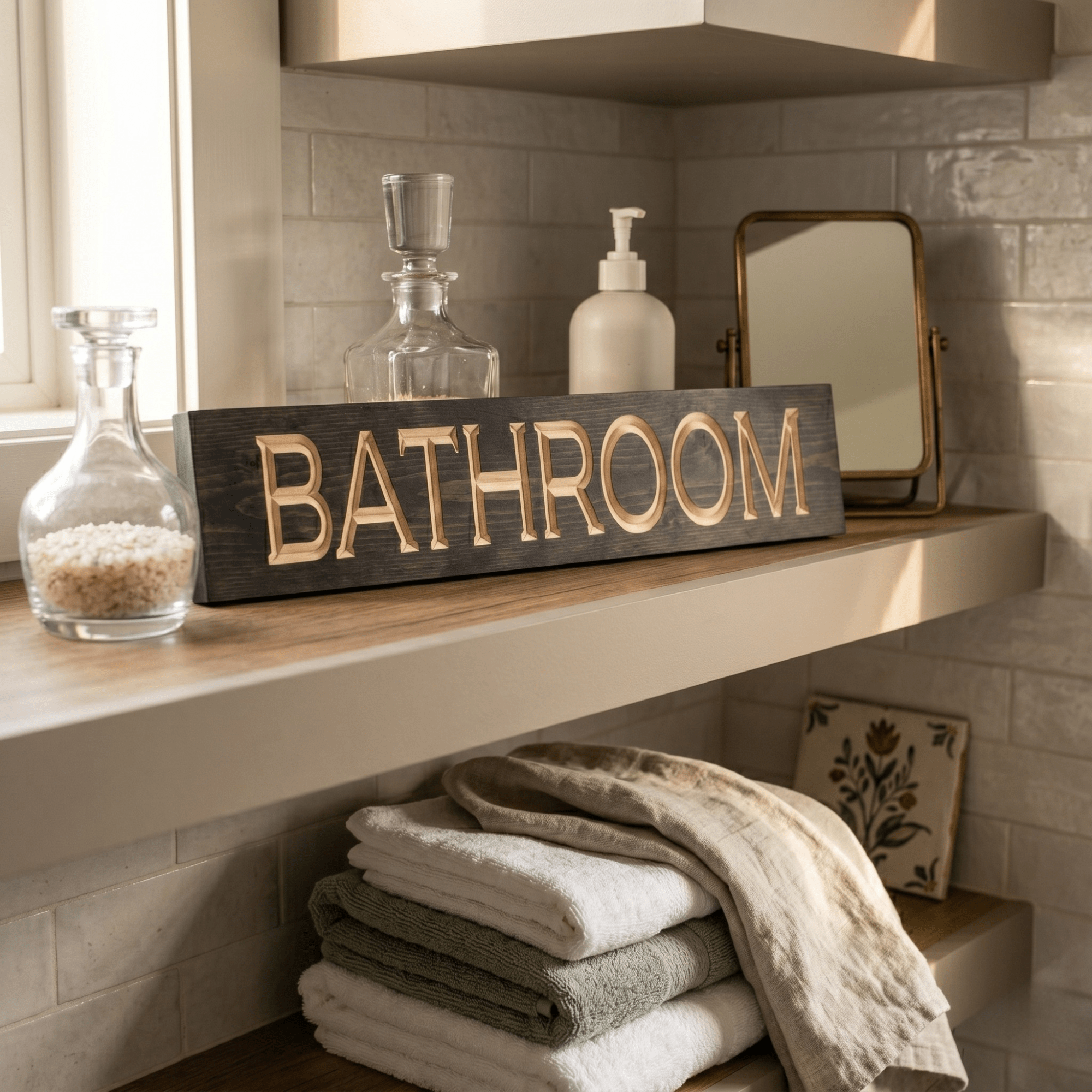 Rustic Bathroom wood sign displayed on a floating shelf with vintage apothecary bottles, brass tabletop mirror, and stacked towels in a subway tile bathroom — spa-style farmhouse decor.