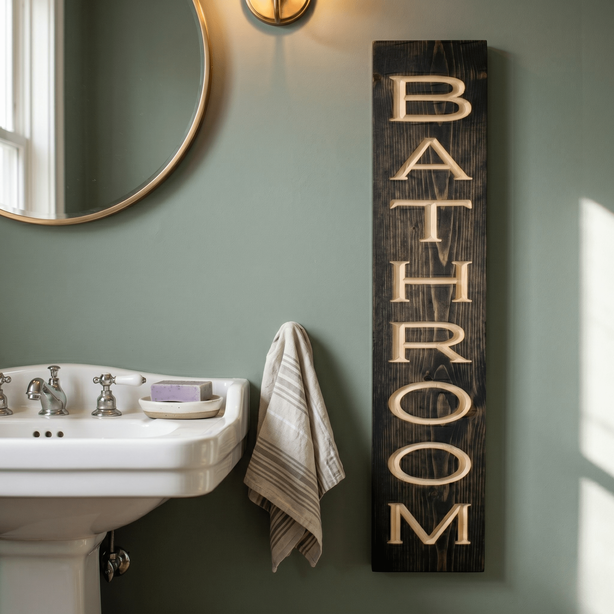Rustic wooden bathroom sign hung beside a pedestal sink and round mirror in a sage green powder room — farmhouse bathroom wall decor styled for guest baths.