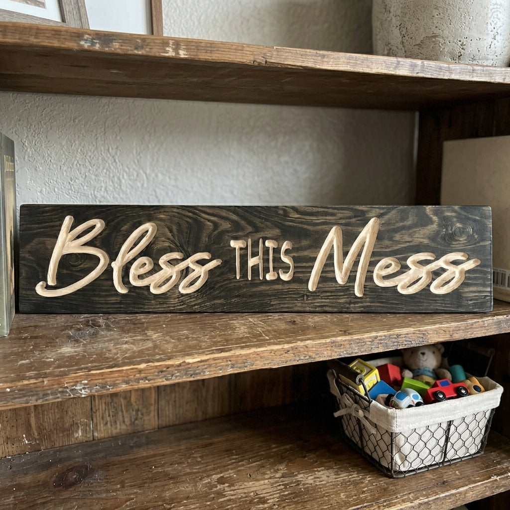 A close-up of a Rustic "Bless This Mess" sign displayed on a rustic wooden shelf above a wire basket of children's toys from Bluegrass Gifts