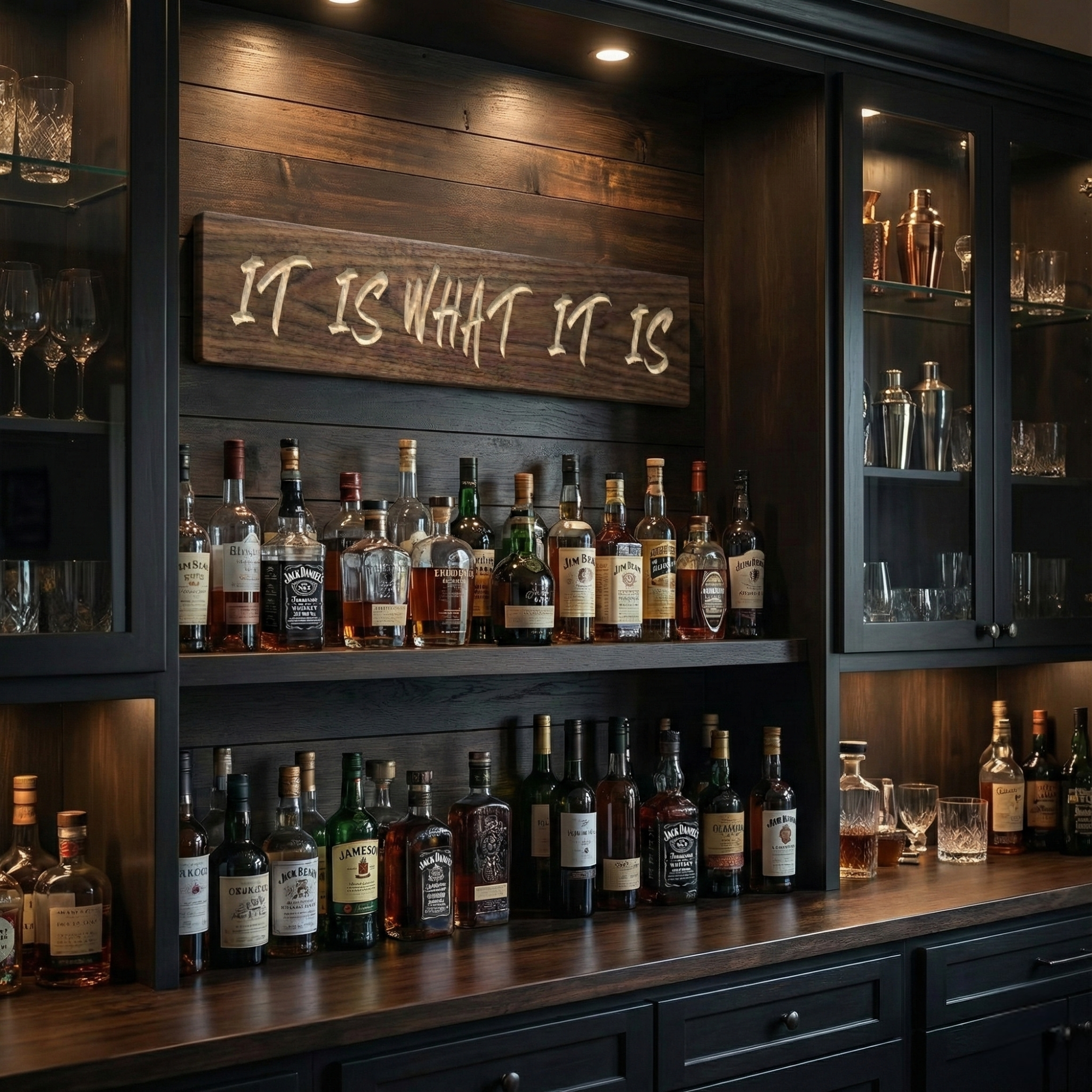Rustic carved wood sign IT IS WHAT IT IS mounted above shelves of whiskey bottles in a dark wood home bar setting.