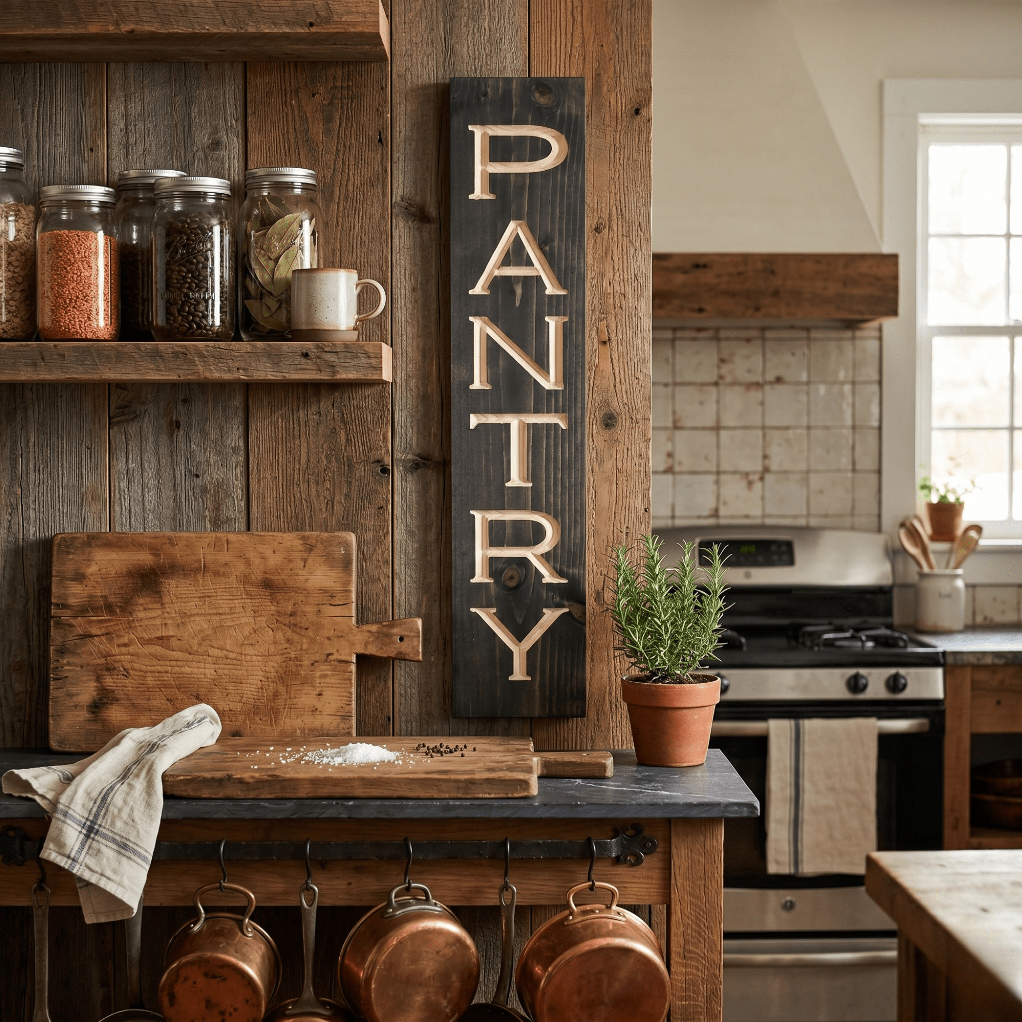 Rustic wooden pantry sign displayed in a farmhouse kitchen with mason jars, open shelving, copper pots, and reclaimed wood — handcrafted vertical pantry wall decor styled for country kitchens.