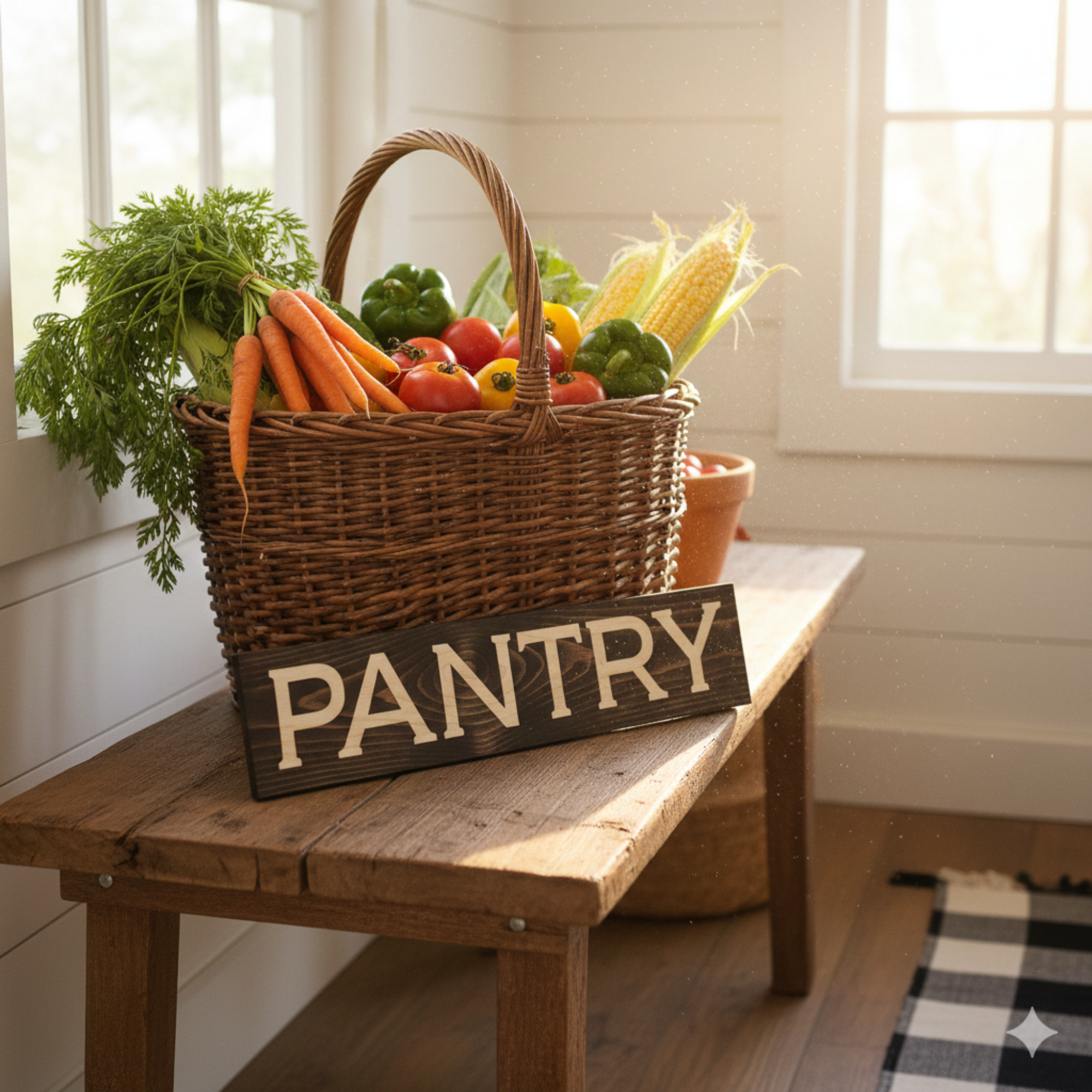 A carved wood PANTRY sign leaning against a harvest basket of fresh vegetables on a rustic wooden bench.