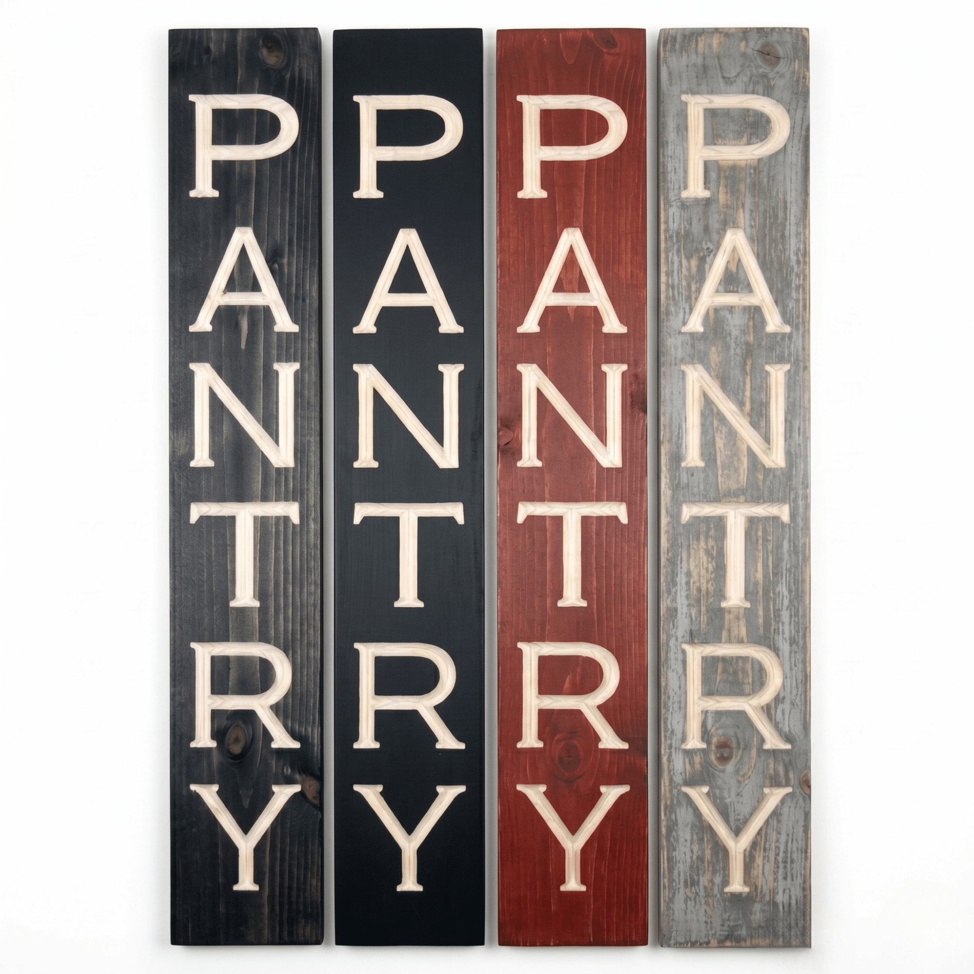 Rustic wooden pantry sign shown in four stain finish options including ebony, black paint, cabernet, and weathered gray — vertical CNC carved farmhouse kitchen wall decor from Bluegrass Gifts.