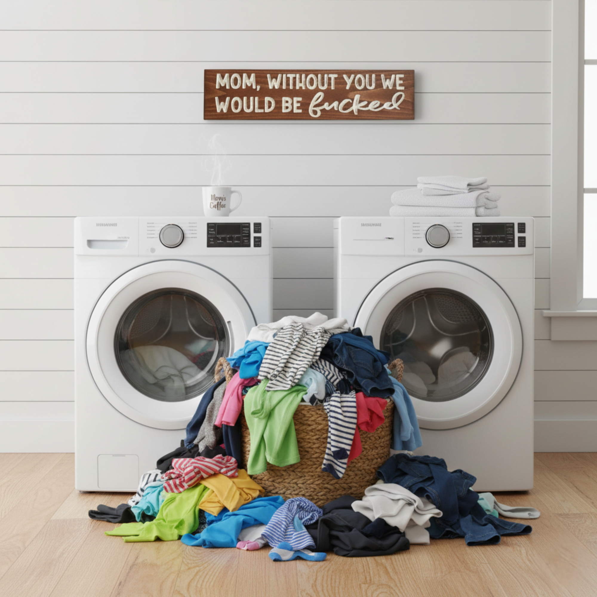 A Bluegrass Gifts carved wood sign displayed as sarcastic laundry room decor above a washing machine and basket of clothes.