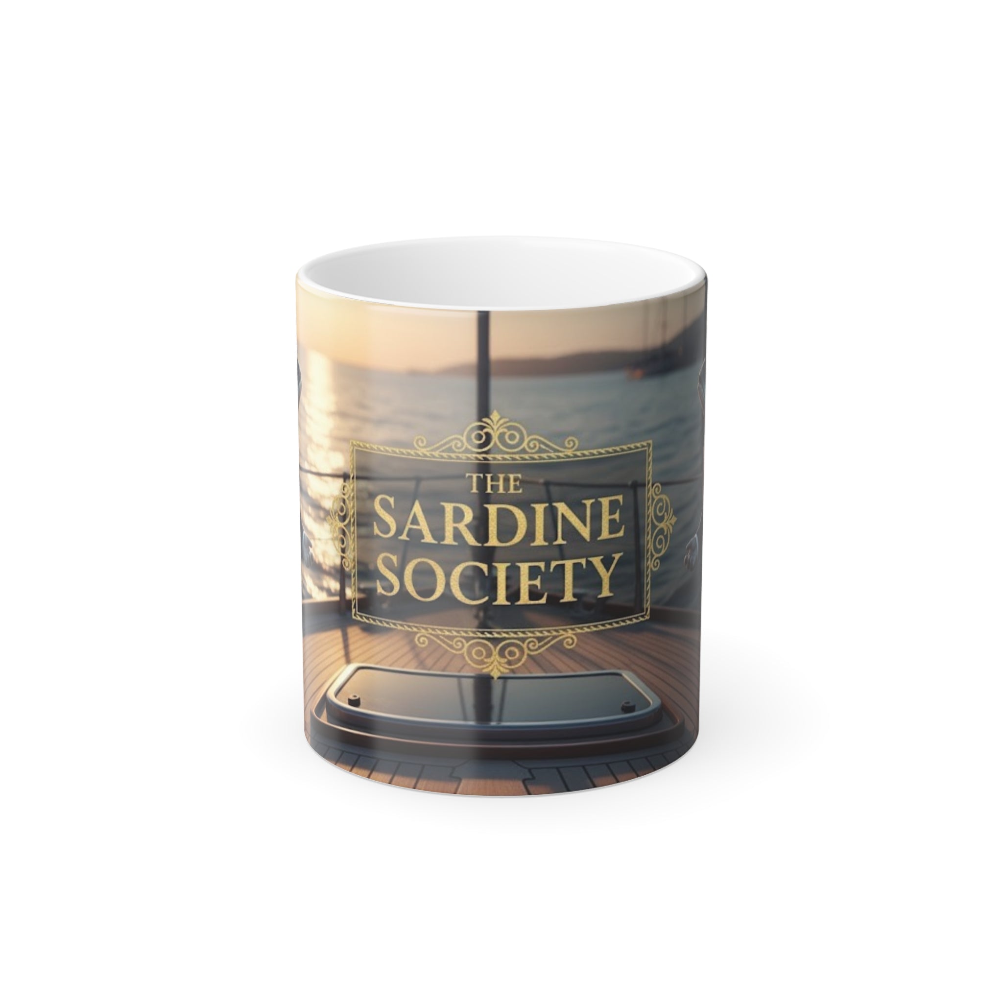 Front view of The Sardine Society mug with warm contents