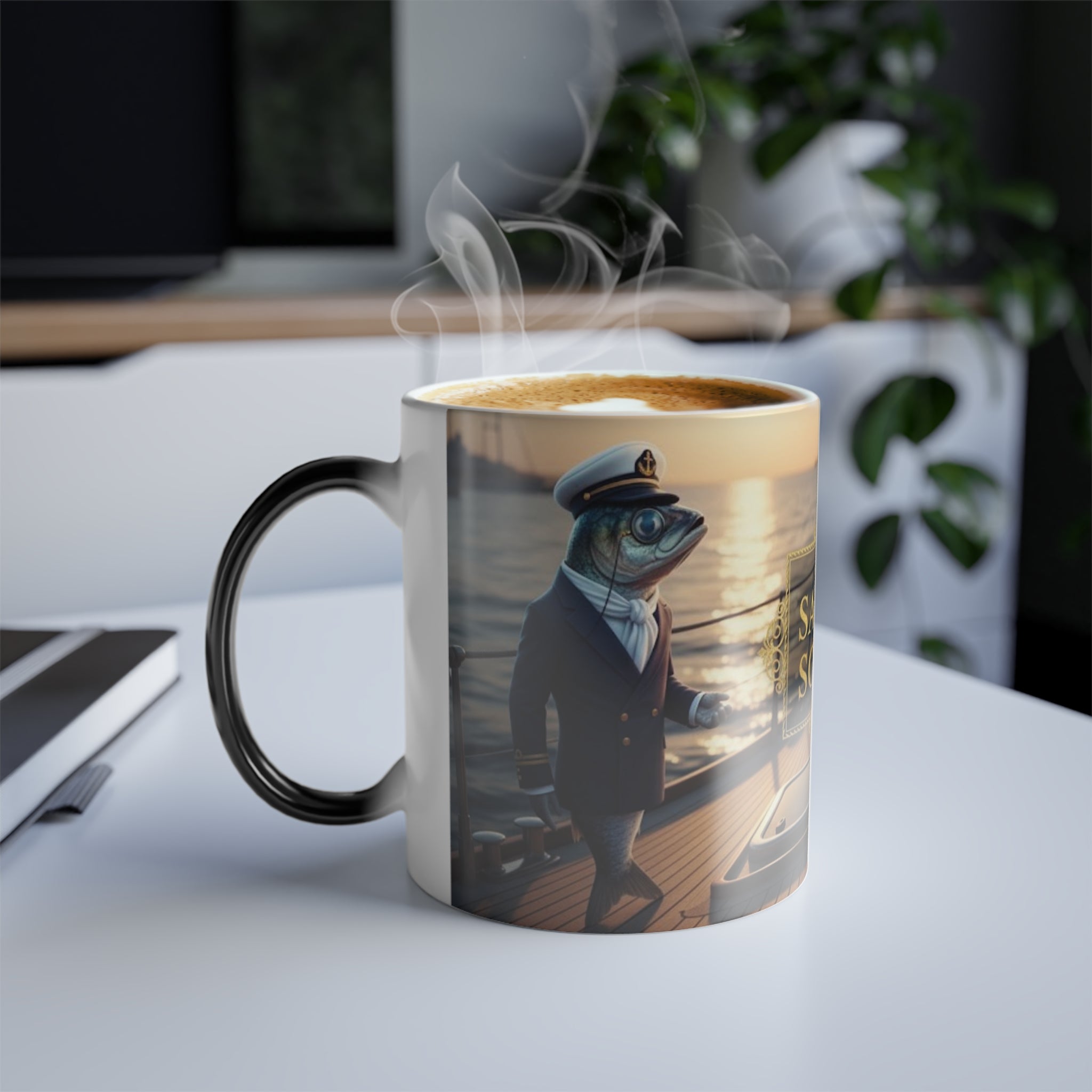 Sardine Society magic mug with coffee on a modern desk