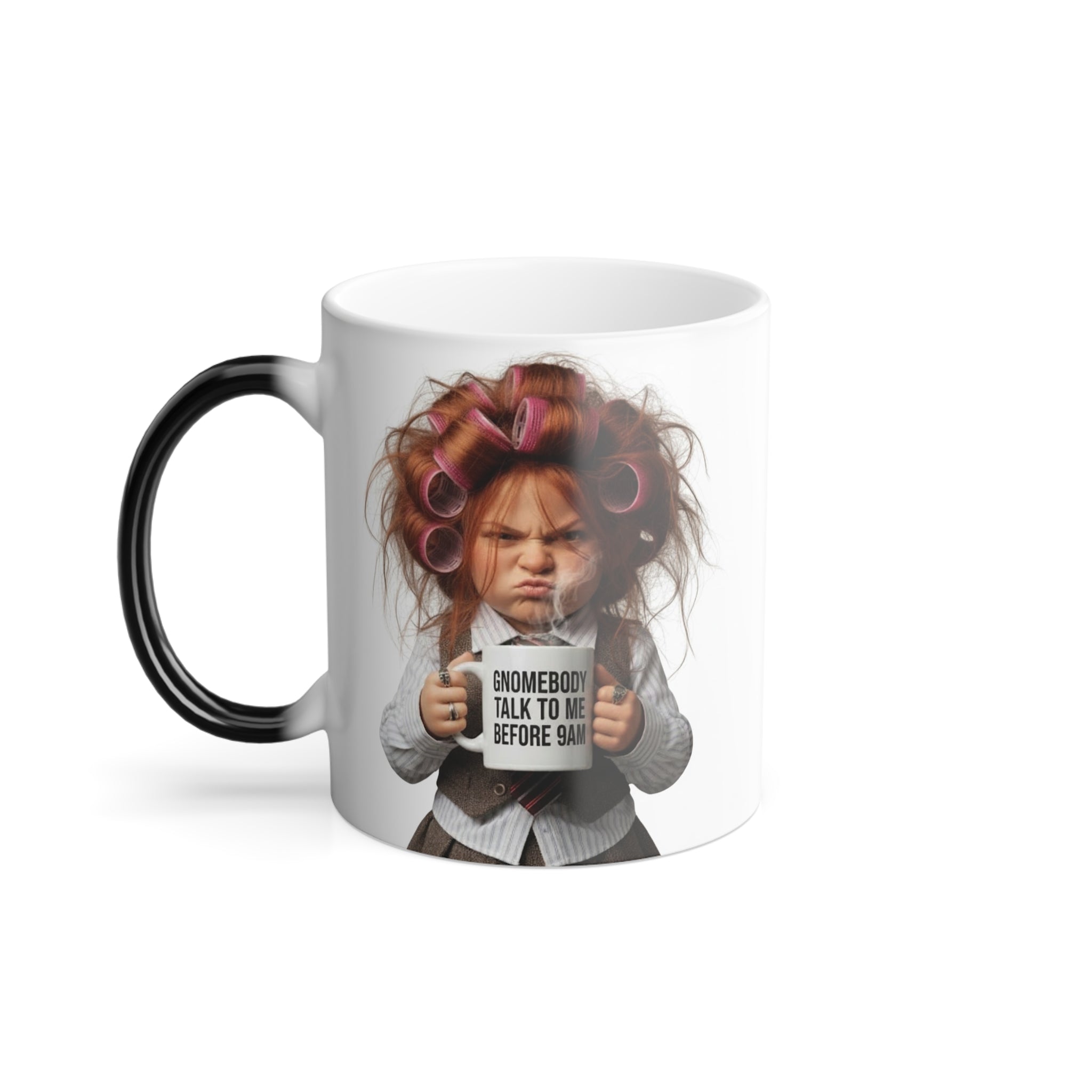 Sassy Gnomebody Talk To Me Before 9AM Magic Mug - color changing coffee mug side angle with handle by Bluegrass Gifts