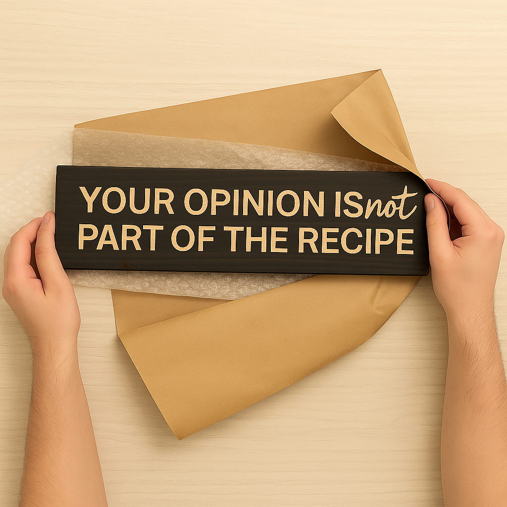Handmade wooden kitchen sign with “Your Opinion Is Not Part of the Recipe” being unwrapped from brown gift paper.