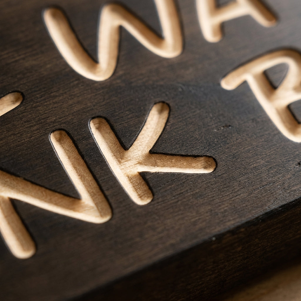 A close-up view highlights the deeply carved letters of the Save Water Drink Beer Sign, showing the natural wood grain