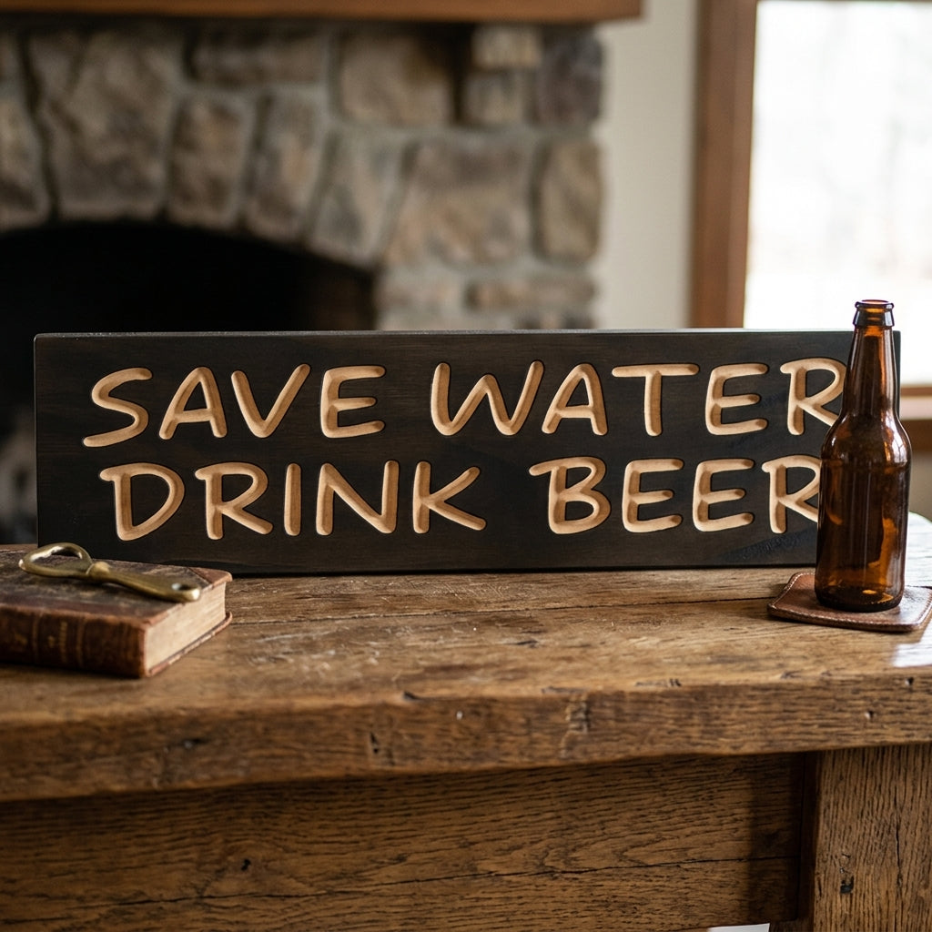 Save Water Drink Beer Sign — Carved Wood Bar Humor