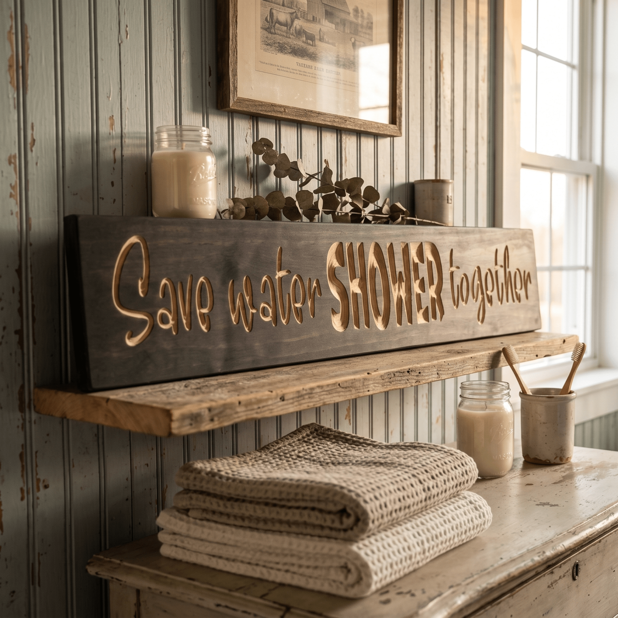 Save Water Shower Together sign styled on a farmhouse bathroom shelf with towels and candles.