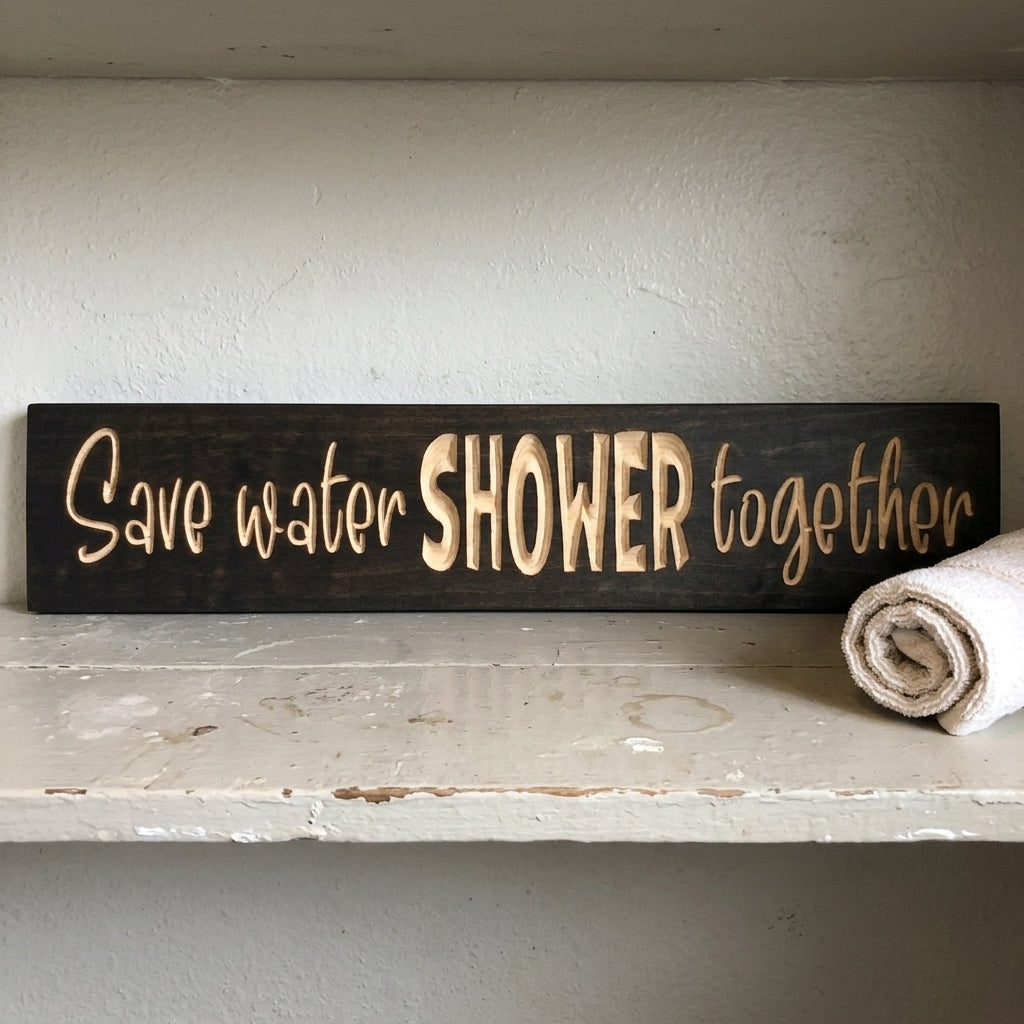 Save Water Shower Together Sign — Funny Carved Bathroom