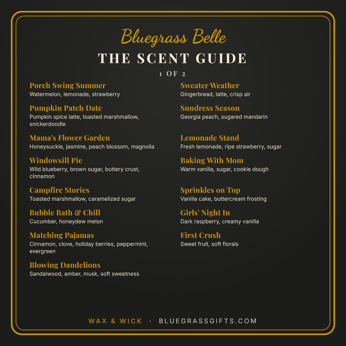 Bluegrass Belle scent guide, page 1 of 2: the first fifteen wax melt scents and their notes