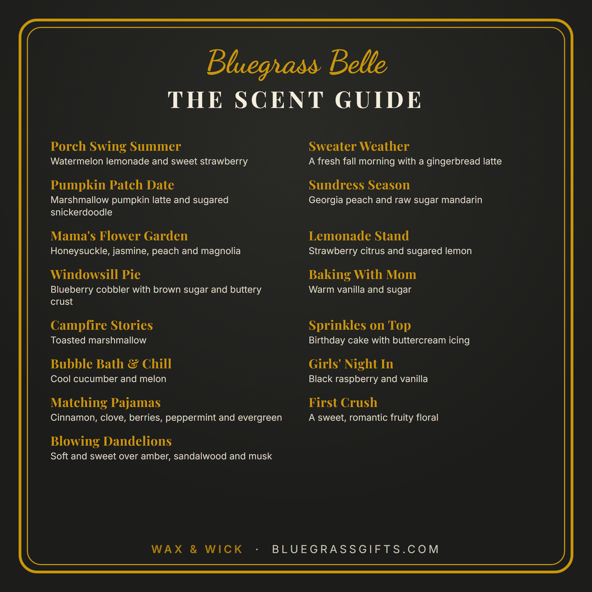 Scent guide listing all 15 Bluegrass Belle wax melt scents