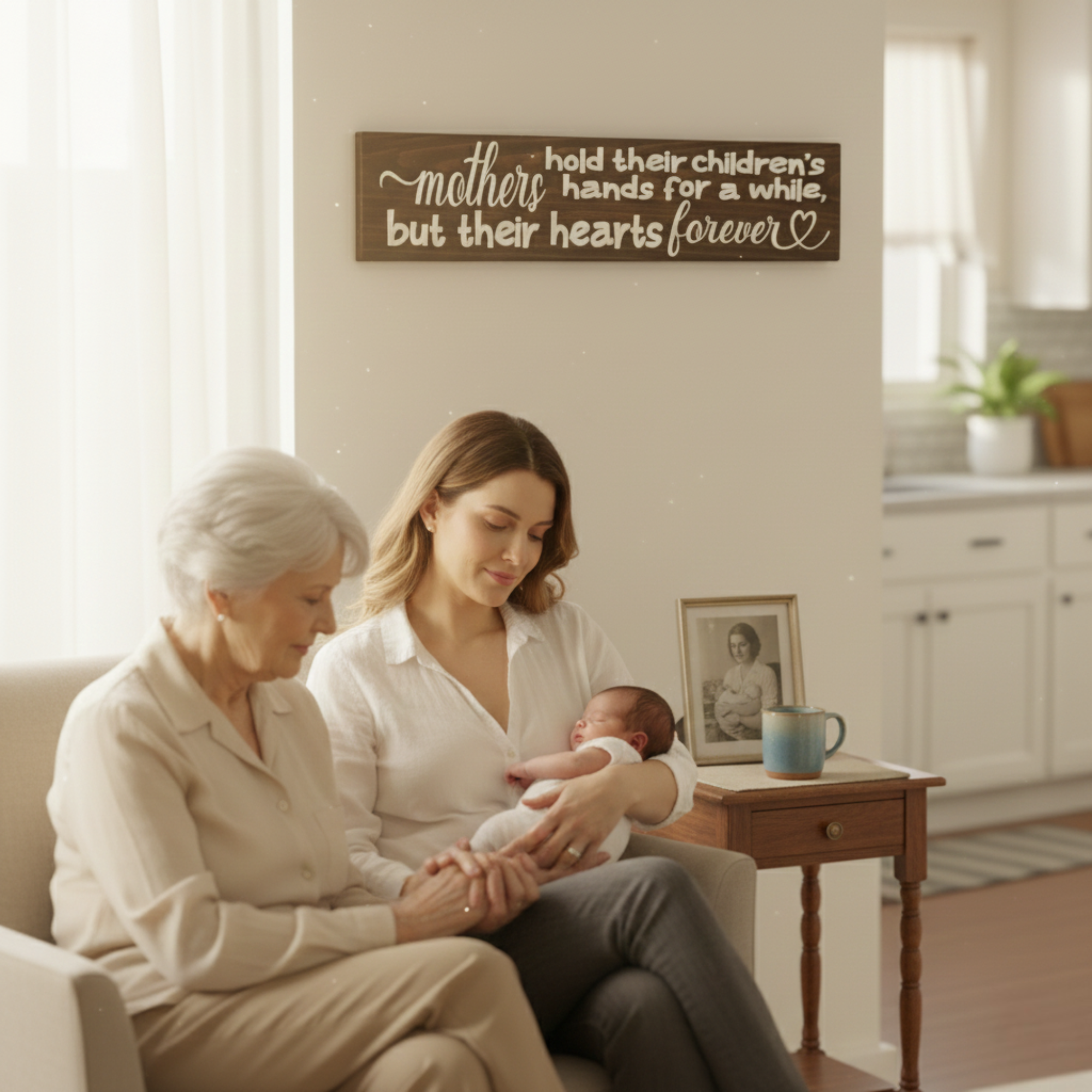 A mother, grandmother, and newborn baby sitting beneath a "Mothers Hold Their Hearts Forever" carved wooden wall art piece.