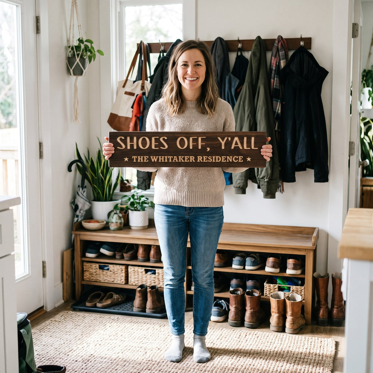 A smiling woman in socks standing in her bright mudroom with a shoe bench and coat hooks behind her holds a personalized wood sign that reads Shoes Off, Y'all