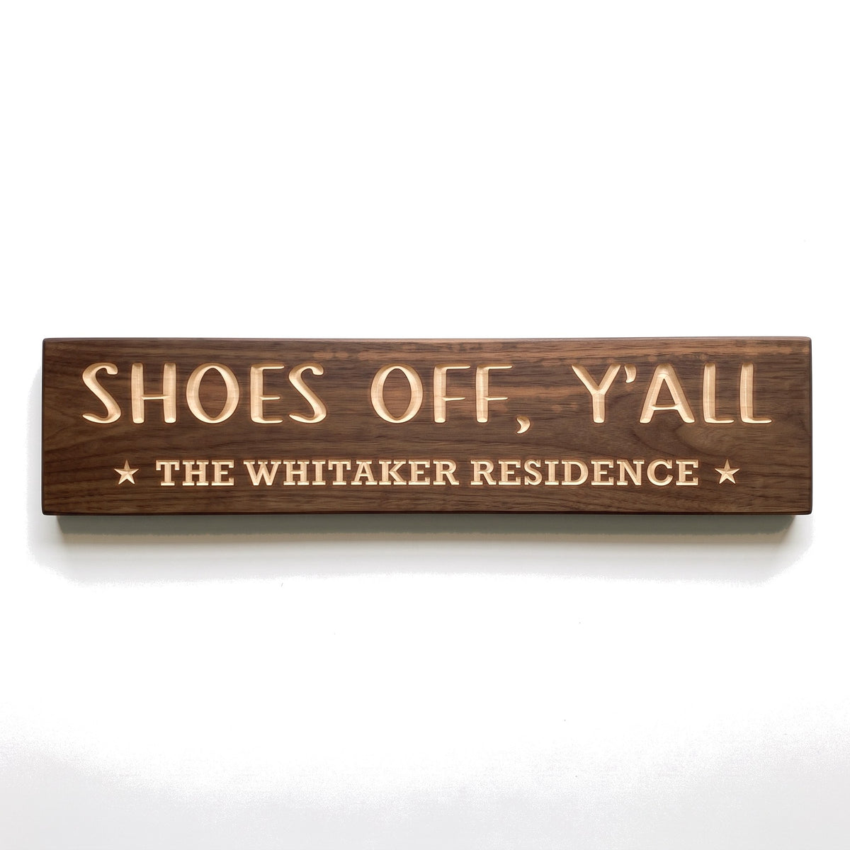 Personalized Shoes Off, Y'all sign carved into solid wood in a Dark Walnut finish, straight on, on a white background (studio photo)