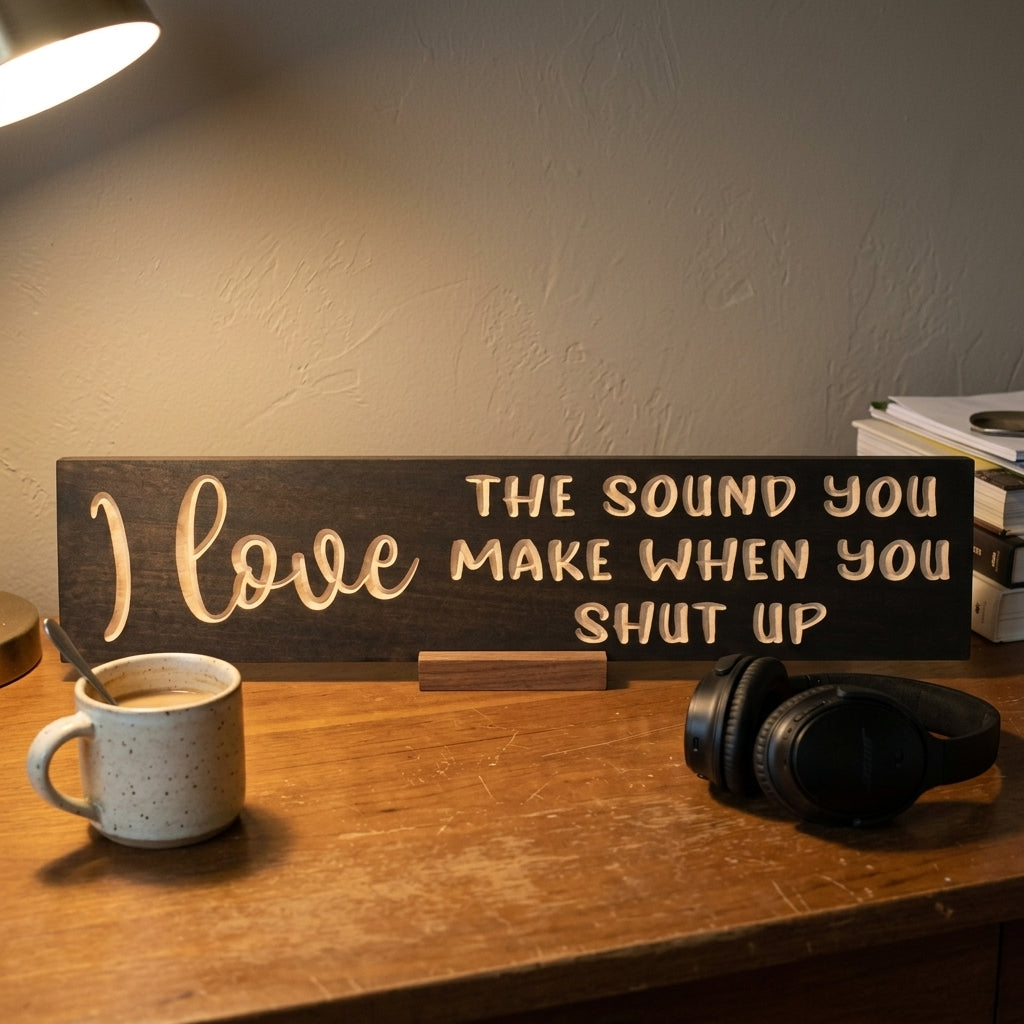 A close-up of the Silence Is Golden Sign on a wooden desk with a coffee mug and headphones, from Bluegrass Gifts