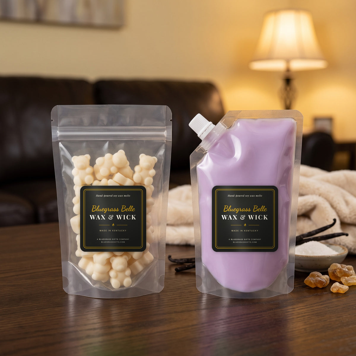 Snuggle Bug squeeze wax melt pouch and wax melt tarts by Bluegrass Belle Wax & Wick