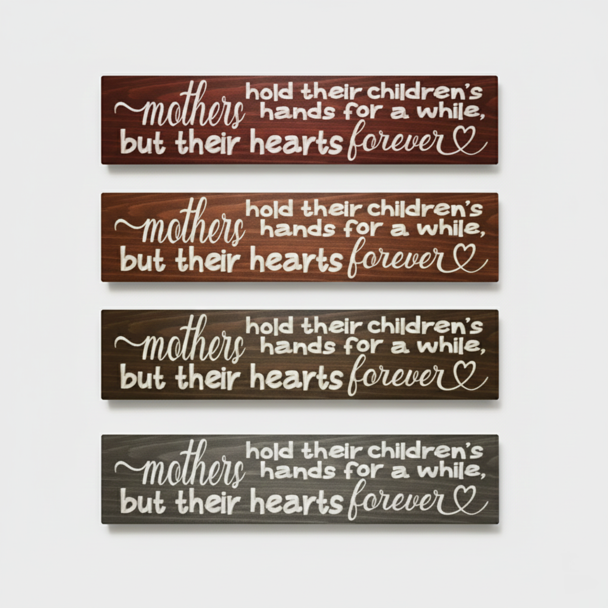 Four carved wood signs shown in different premium finishes including Dark Walnut, Early American, Weathered Grey, and Midnight Ebony.