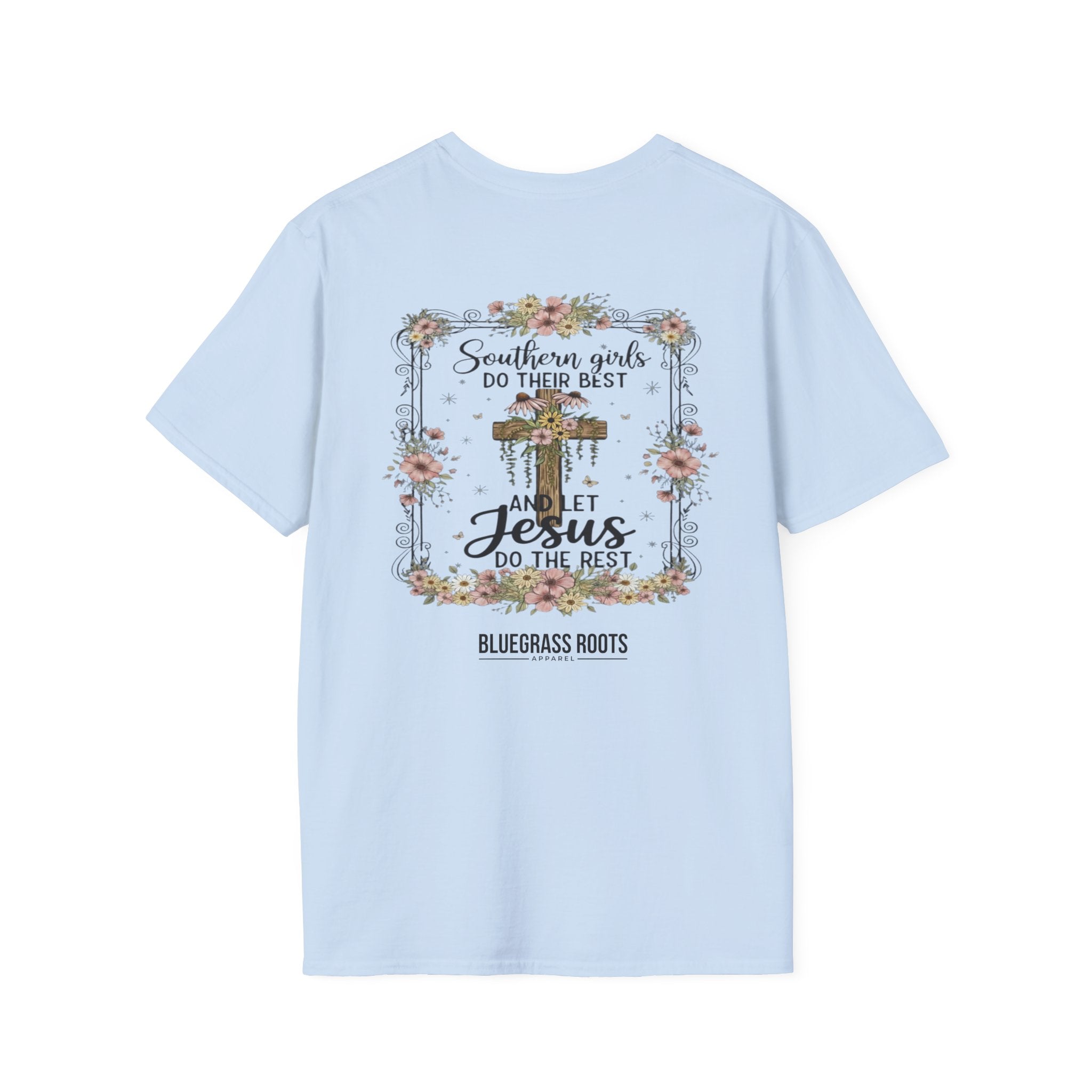 Southern Girls & Jesus Floral Cross Tee - ring-spun cotton fabric texture detail by Bluegrass Gifts