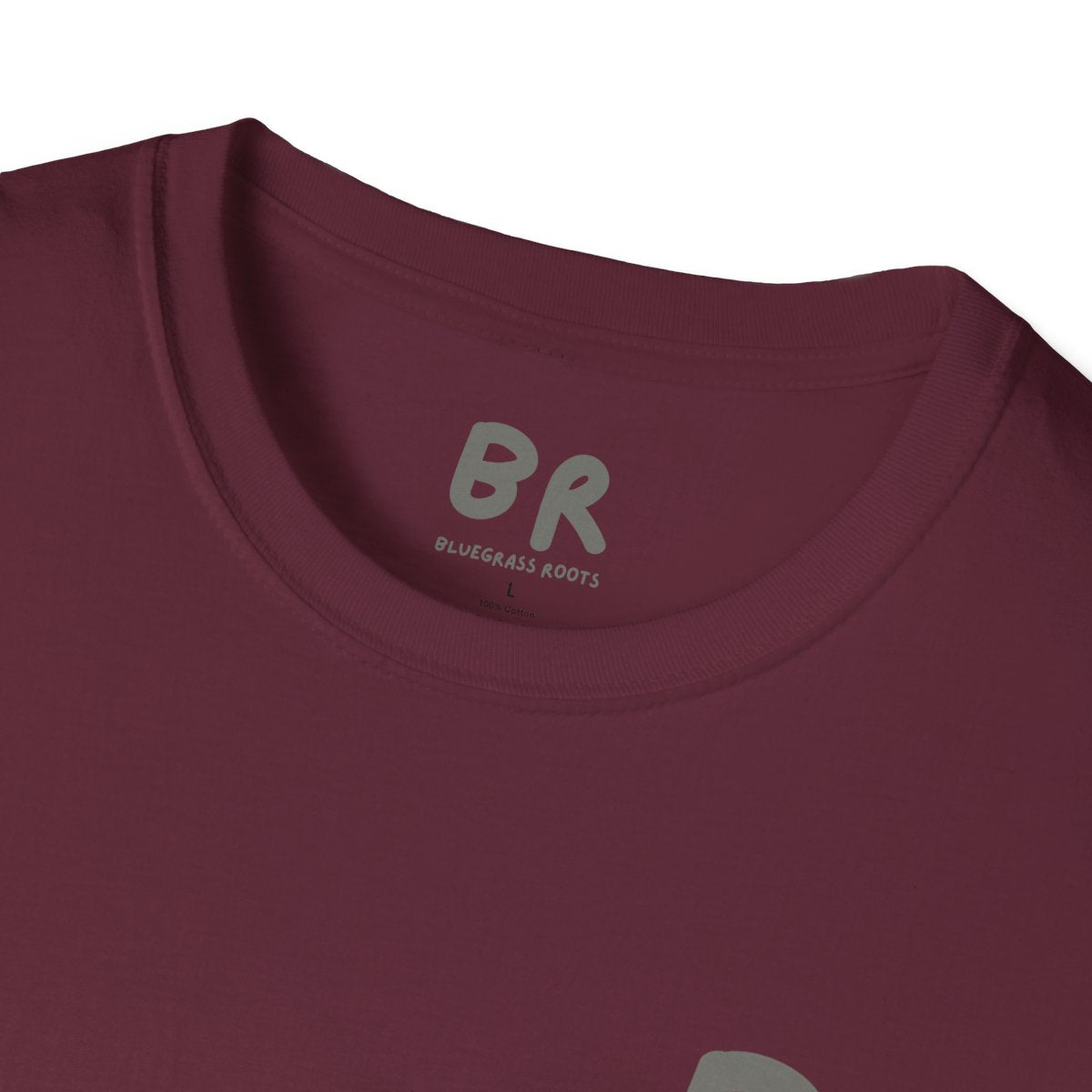 A close-up view of the collar and neck label of a maroon Southern Heritage Shirt, displaying the "BR Bluegrass Roots" logo